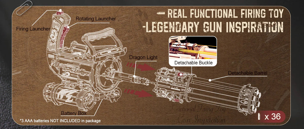 Robotime Rokr Rotating-Barrel Machine Gun Toy with Light 3D Wooden Puzzle for Kids Adults Building Block Rokr Puzzle Kits