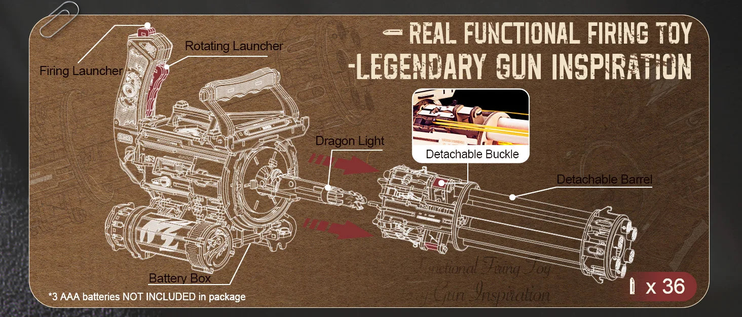 Robotime Rokr Rotating-Barrel Machine Gun Toy with Light 3D Wooden Puzzle for Kids Adults Building Block Rokr Puzzle Kits