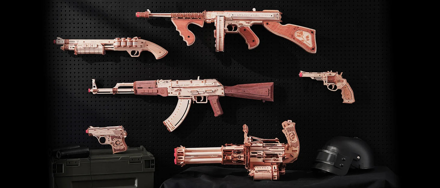 Robotime Rokr Rotating-Barrel Machine Gun Toy with Light 3D Wooden Puzzle for Kids Adults Building Block Rokr Puzzle Kits