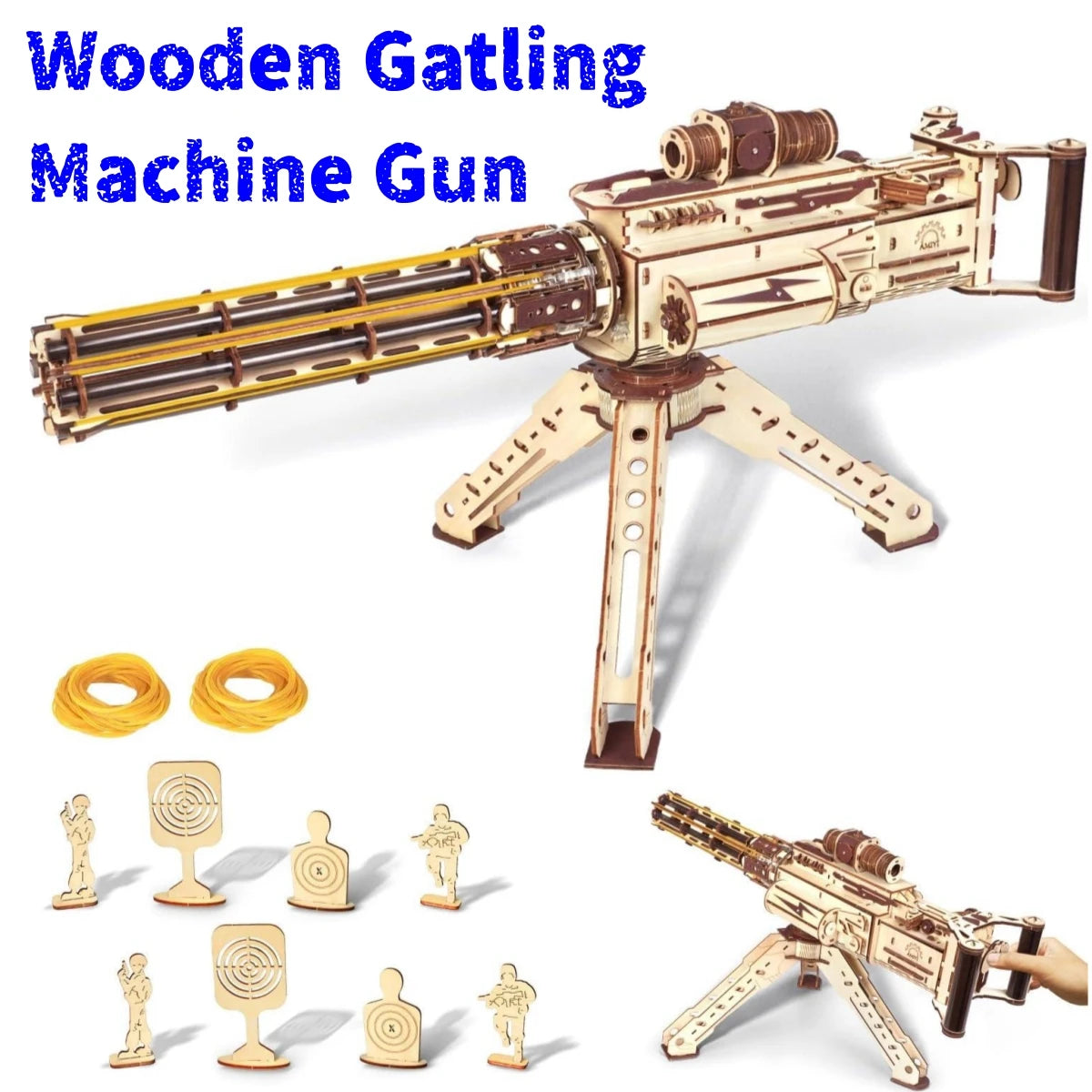 VATOS 3D Wooden Gatling Machine Gun Toy Christmas Gift for Kids Boy Adult 344pcs Wooden Puzzle Building Model Gun Shooting Games