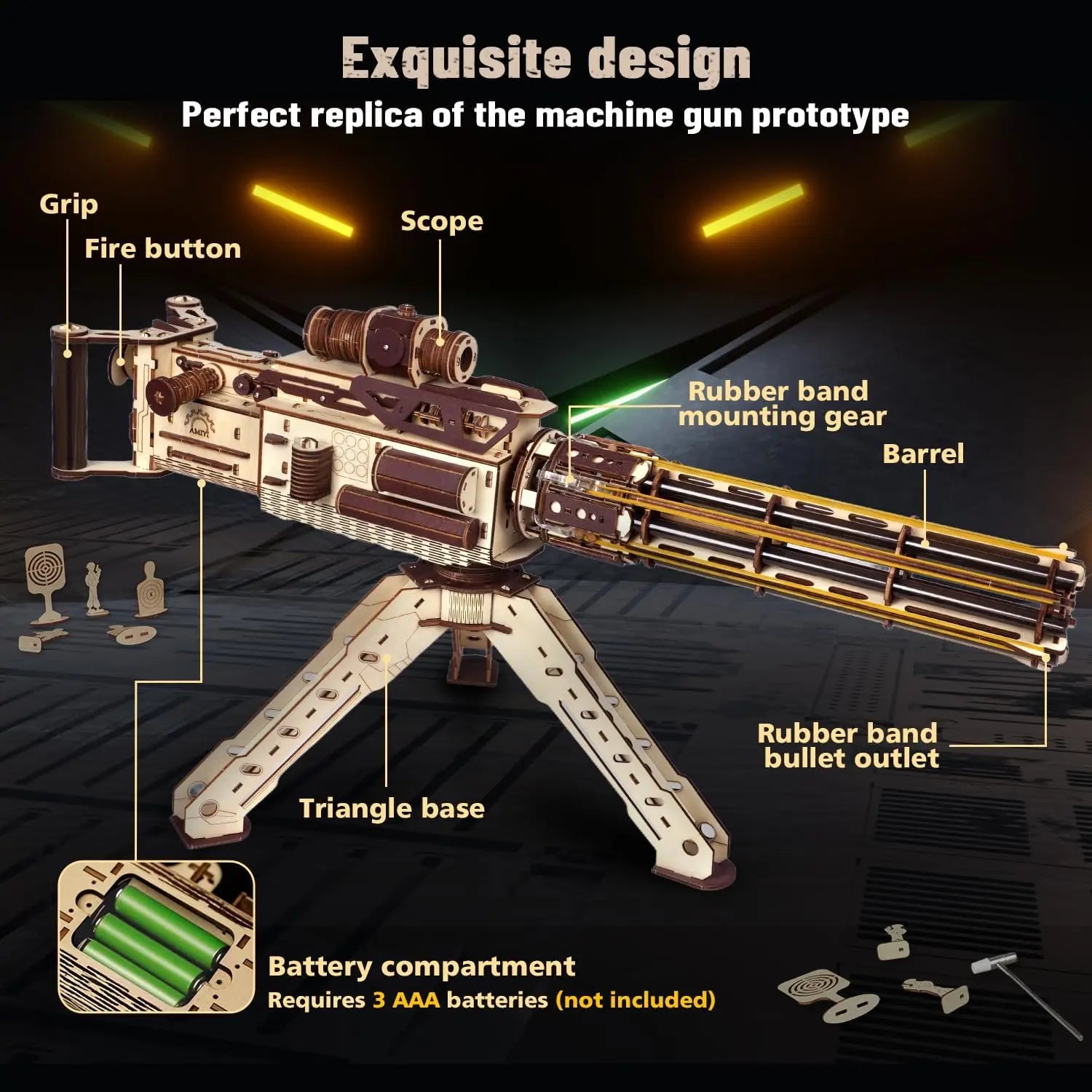 VATOS 3D Wooden Gatling Machine Gun Toy Christmas Gift for Kids Boy Adult 344pcs Wooden Puzzle Building Model Gun Shooting Games