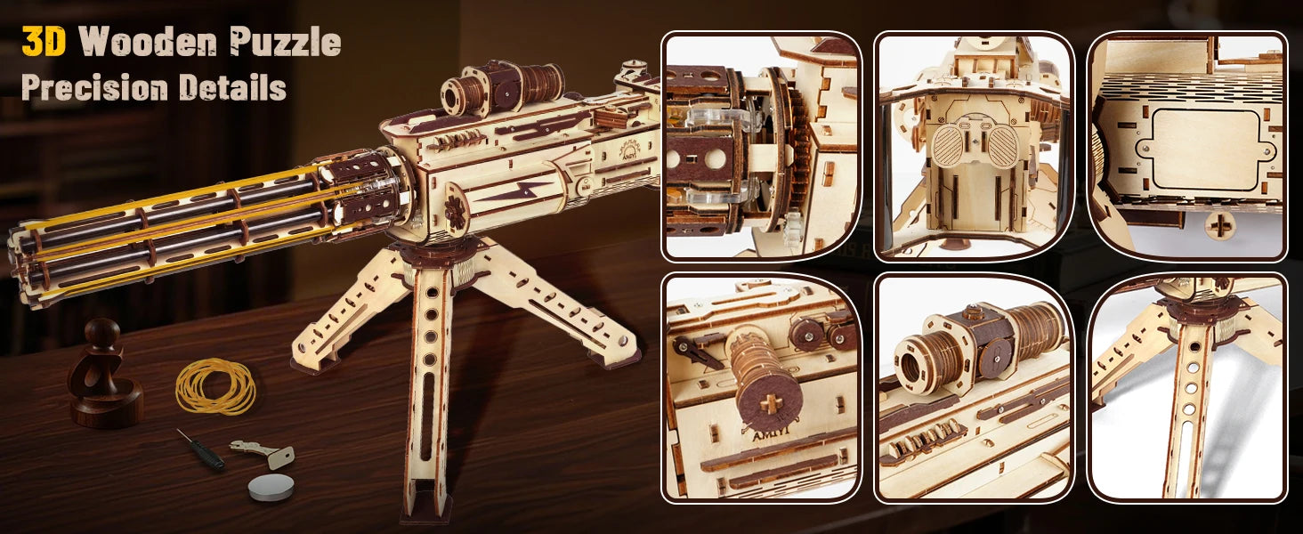 VATOS 3D Wooden Gatling Machine Gun Toy Christmas Gift for Kids Boy Adult 344pcs Wooden Puzzle Building Model Gun Shooting Games