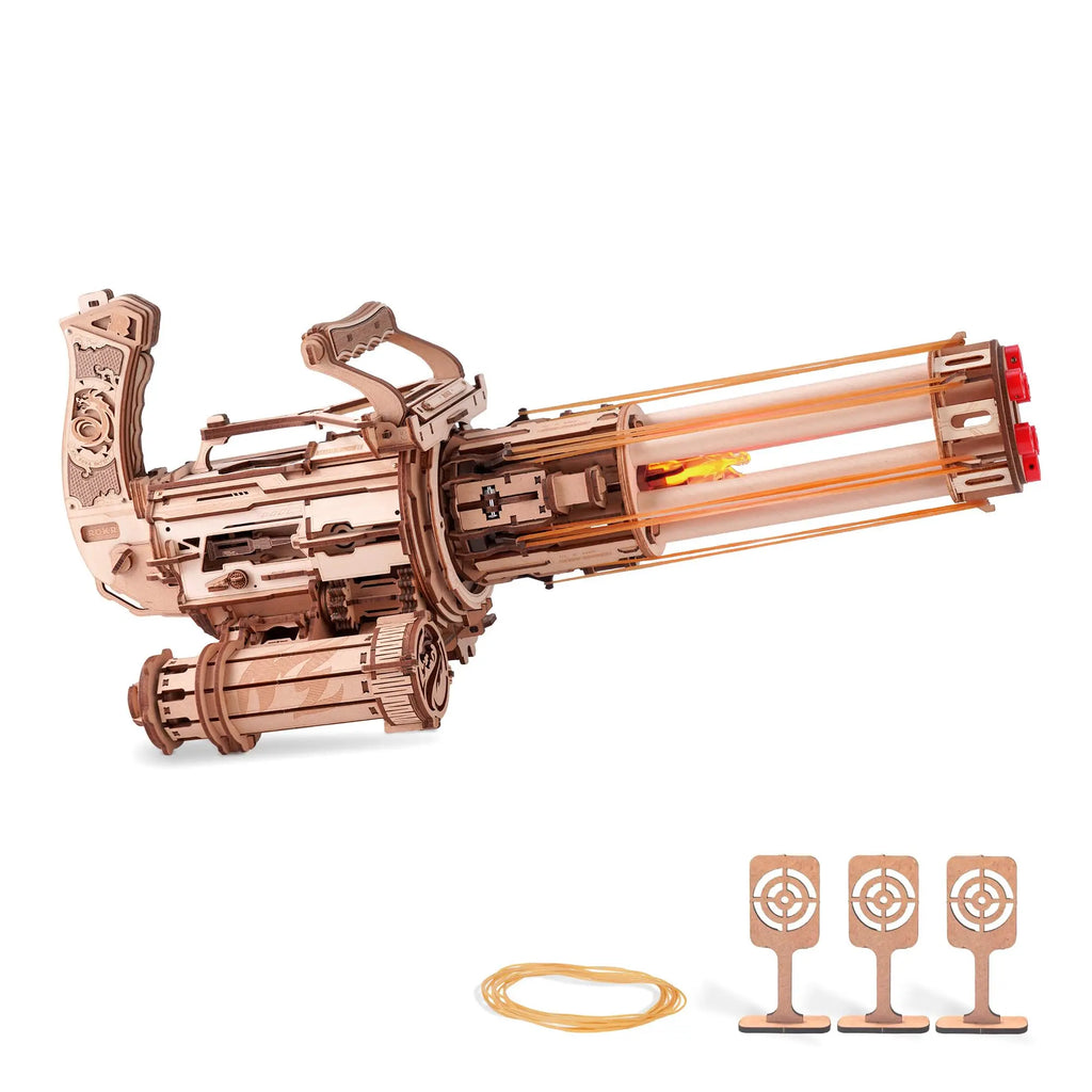 Robotime Rokr Rotating-Barrel Machine Gun Toy with Light 3D Wooden Puzzle for Kids Adults Building Block Rokr Puzzle Kits