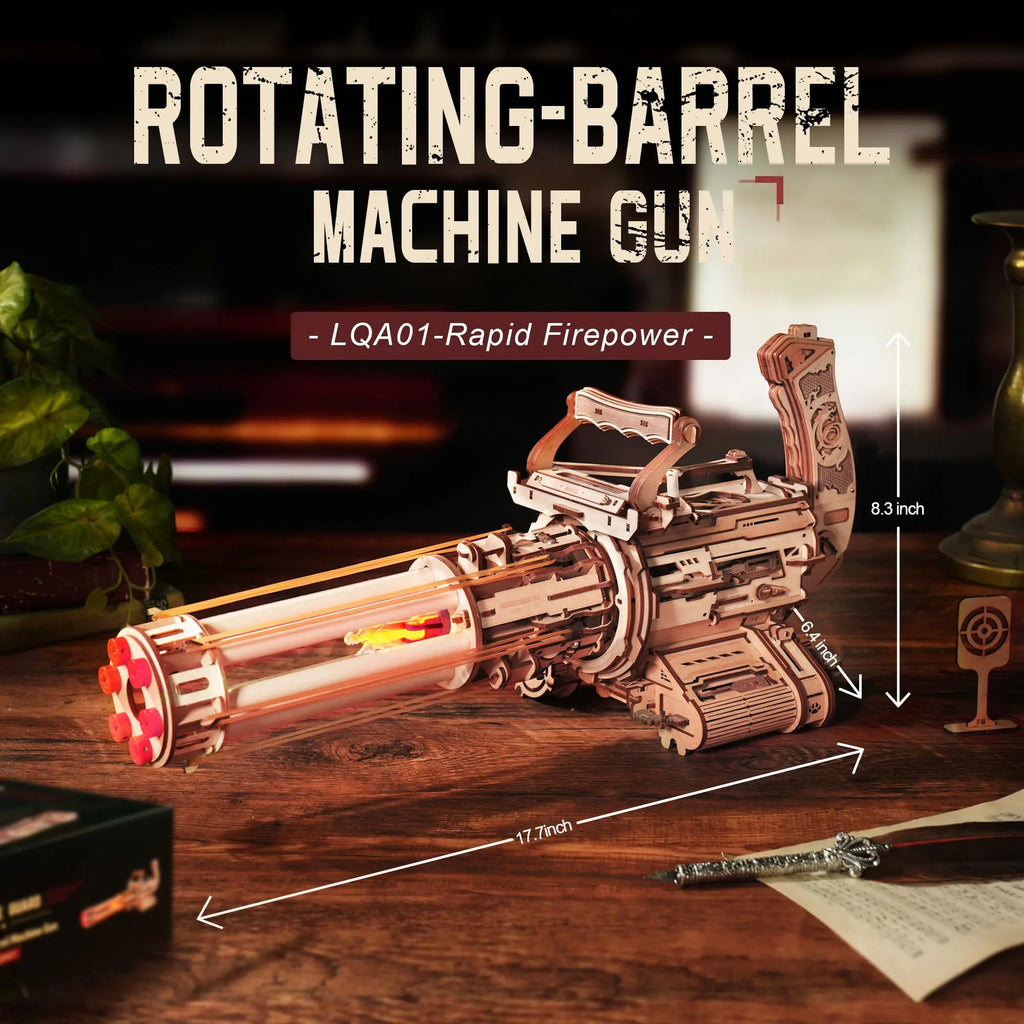 Robotime Rokr Rotating-Barrel Machine Gun Toy with Light 3D Wooden Puzzle for Kids Adults Building Block Rokr Puzzle Kits
