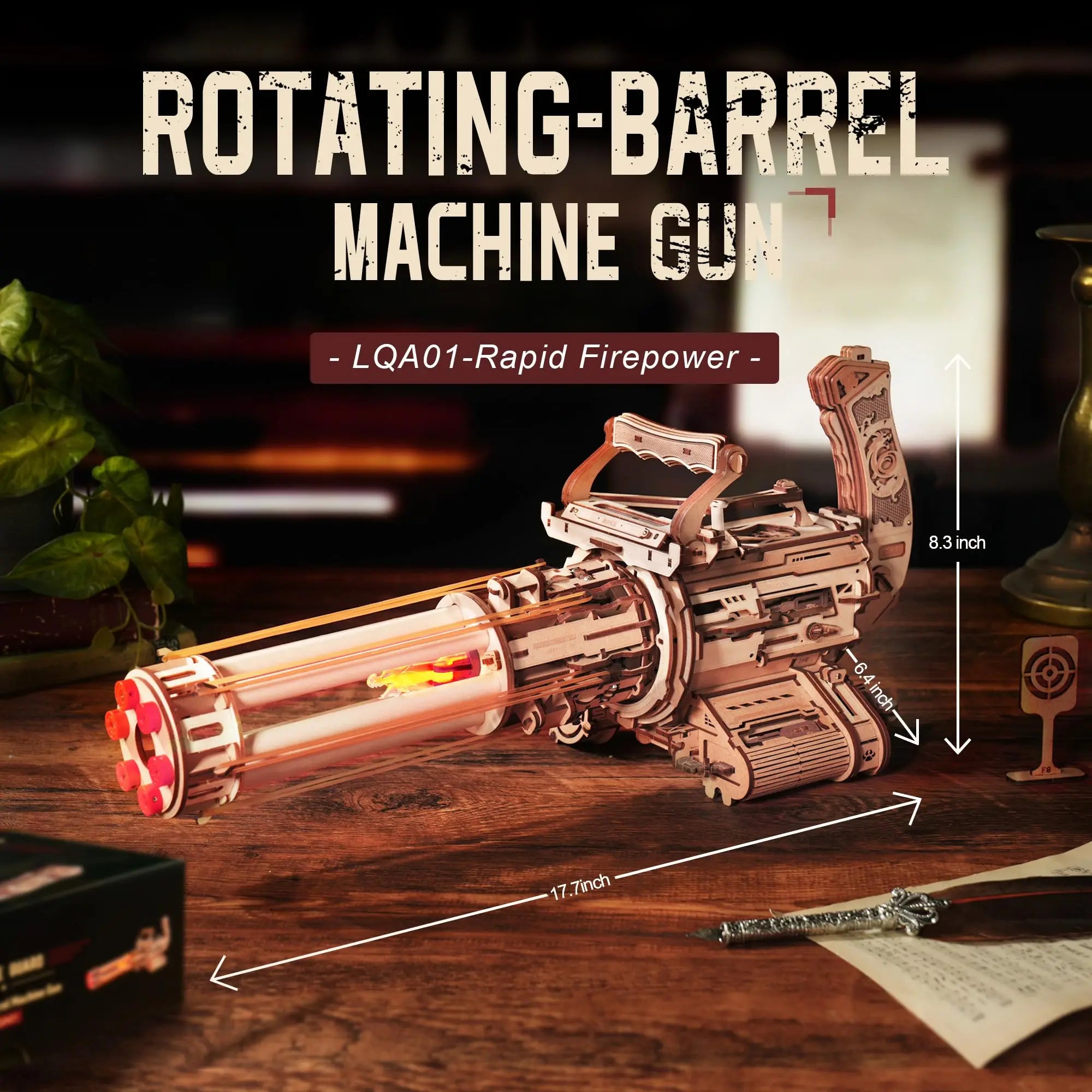 Robotime Rokr Rotating-Barrel Machine Gun Toy with Light 3D Wooden Puzzle for Kids Adults Building Block Rokr Puzzle Kits
