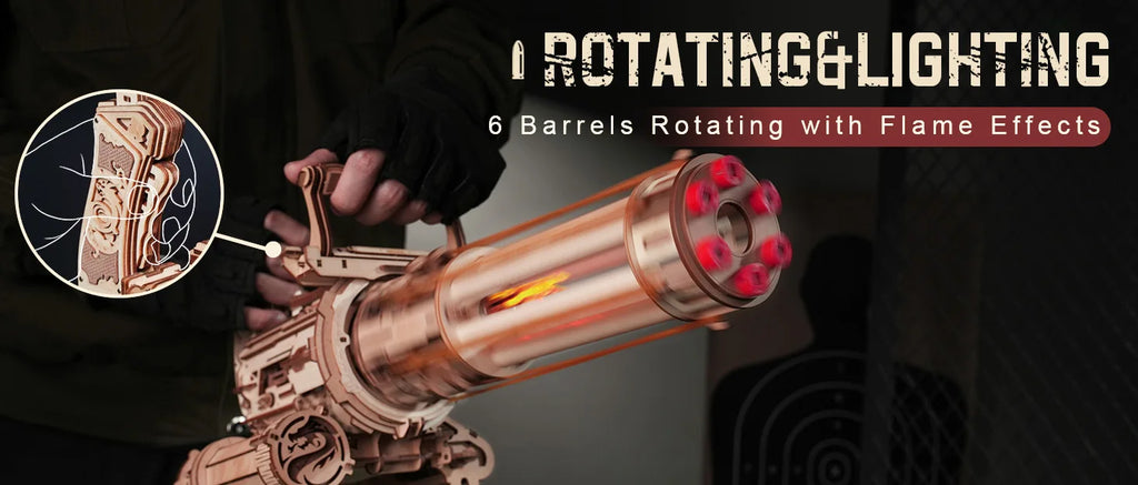 Robotime Rokr Rotating-Barrel Machine Gun Toy with Light 3D Wooden Puzzle for Kids Adults Building Block Rokr Puzzle Kits
